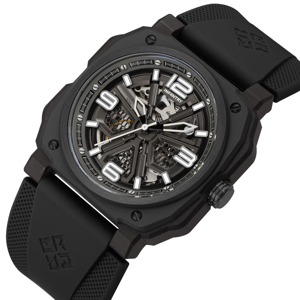 INF4NTRY | REVO47-SKL01-BK | 黑色方殼腕錶 機械鏤空 男錶側面