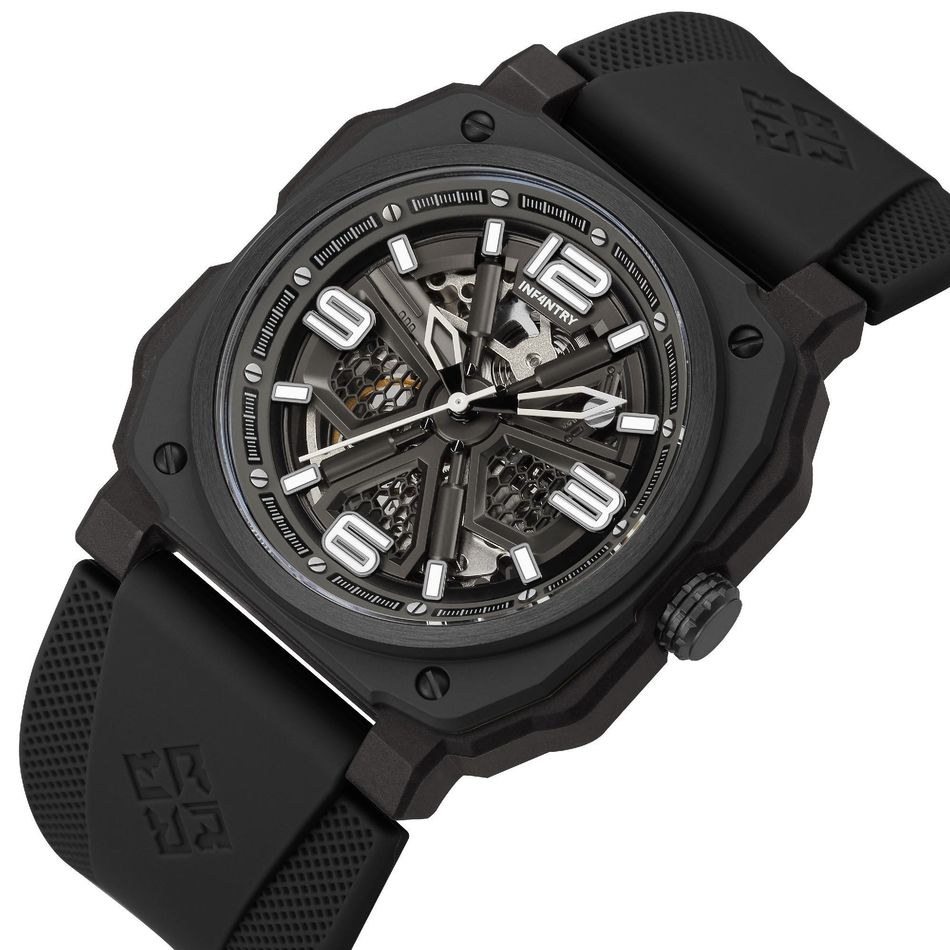 INF4NTRY | REVO47-SKL01-BK | 黑色方殼腕錶 機械鏤空 男錶側面