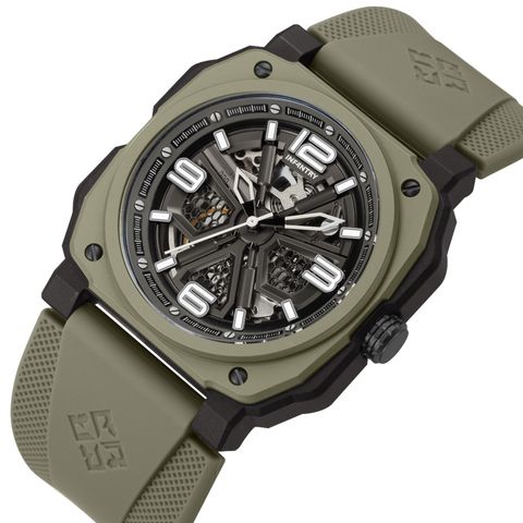 INF4NTRY | REVO47-SKL01-GN | 綠色方殼腕錶 機械鏤空 男錶側面