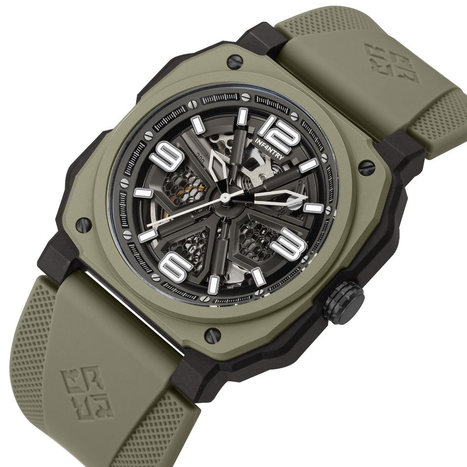 INF4NTRY | REVO47-SKL01-GN | 綠色方殼腕錶 機械鏤空 男錶側面