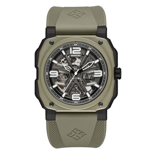 INF4NTRY | REVO47-SKL01-GN | 綠色方殼腕錶 機械鏤空 男錶正面