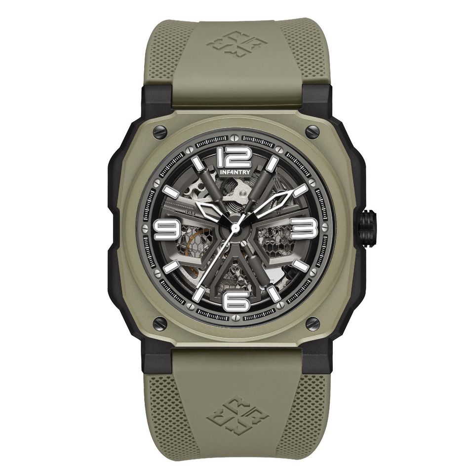 INF4NTRY | REVO47-SKL01-GN | 綠色方殼腕錶 機械鏤空 男錶正面