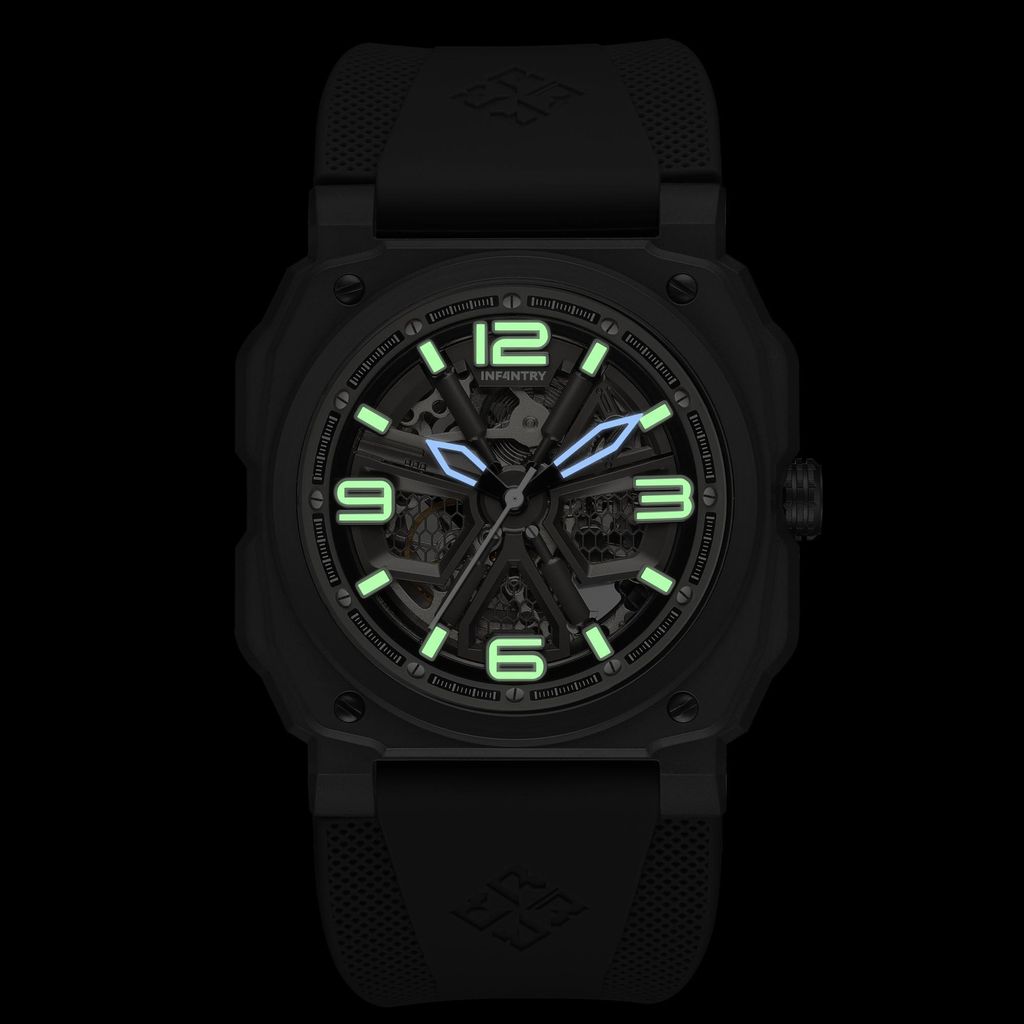 INF4NTRY | REVO47-SKL01-GY | 灰色方殼腕錶 機械鏤空 男錶夜光效果