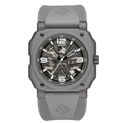 INF4NTRY | REVO47-SKL01-GY | 灰色方殼腕錶 機械鏤空 男錶正面
