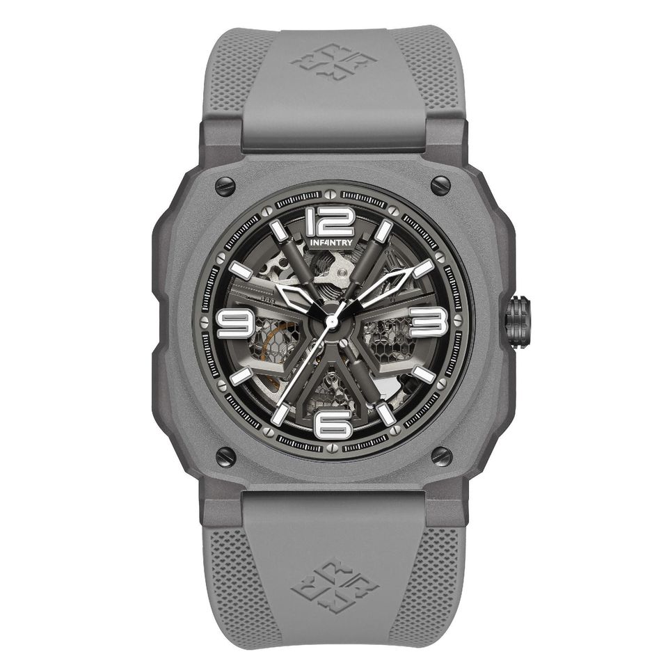 INF4NTRY | REVO47-SKL01-GY | 灰色方殼腕錶 機械鏤空 男錶正面
