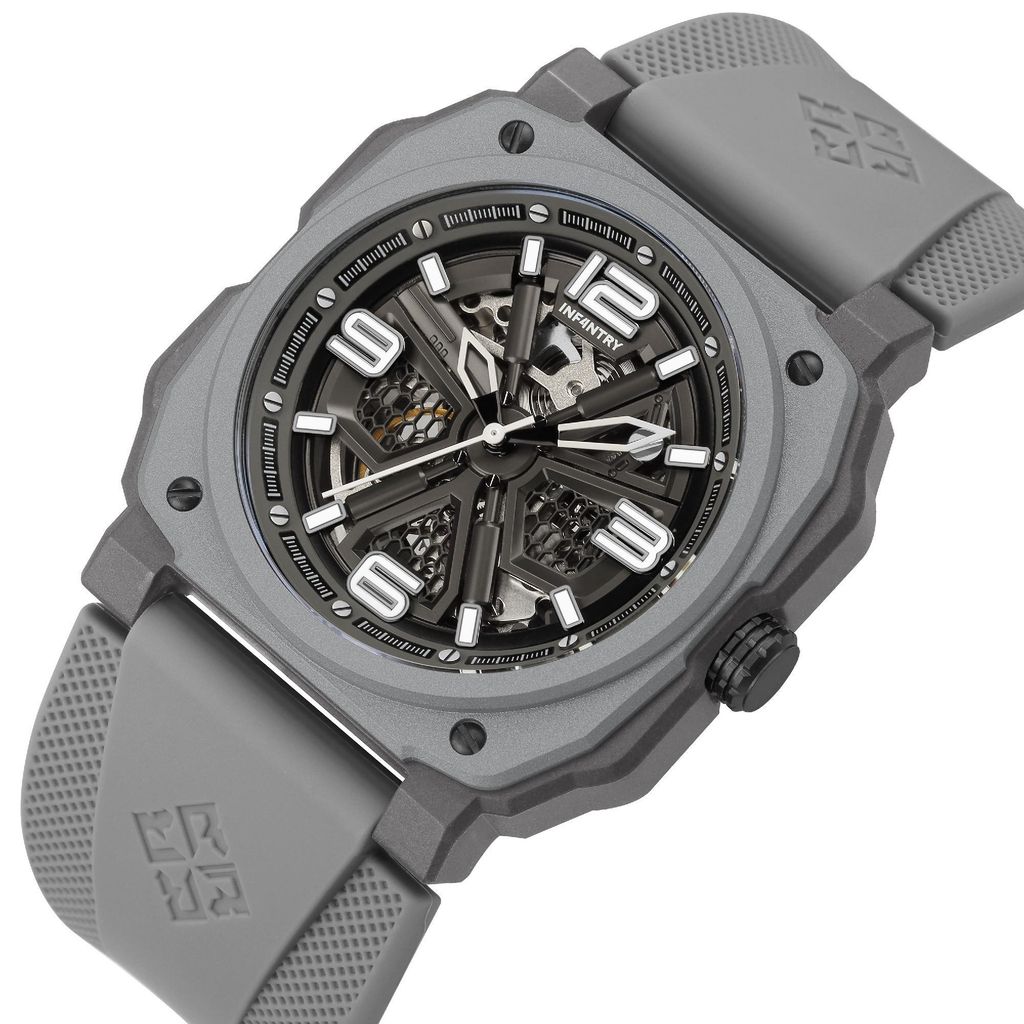 INF4NTRY | REVO47-SKL01-GY | 灰色方殼腕錶 機械鏤空 男錶側面