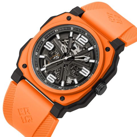 INF4NTRY | REVO47-SKL01-OR | 橘色方殼腕錶 機械鏤空 男錶側面