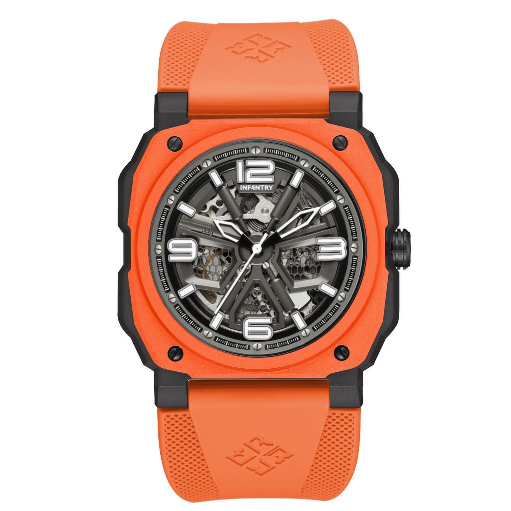 INF4NTRY | REVO47-SKL01-OR | 橘色方殼腕錶 機械鏤空 男錶正面