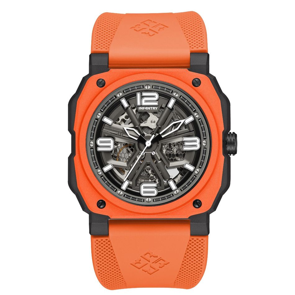 INF4NTRY | REVO47-SKL01-OR | 橘色方殼腕錶 機械鏤空 男錶正面