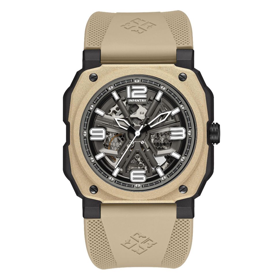 INF4NTRY | REVO47-SKL01-SD | 卡其色方殼腕錶 機械鏤空 男錶正面