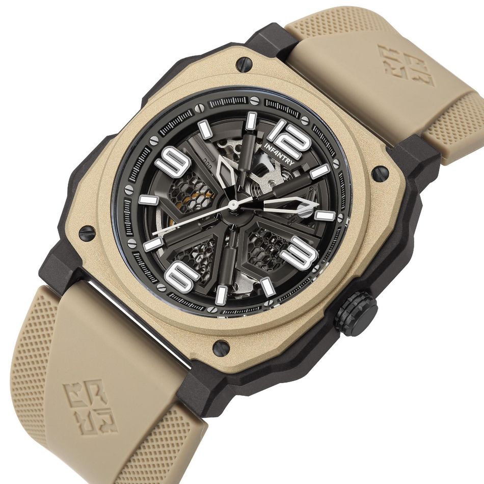 INF4NTRY | REVO47-SKL01-SD | 卡其色方殼腕錶 機械鏤空 男錶側面