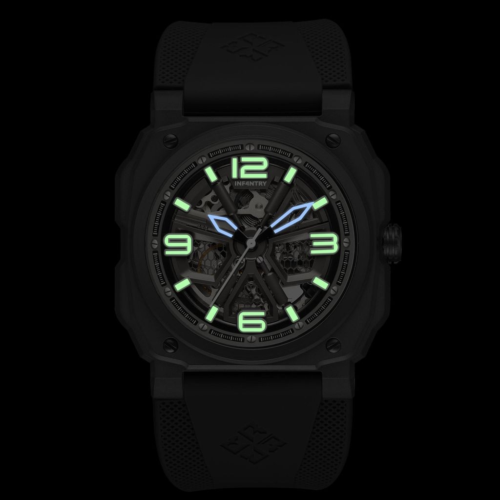 INF4NTRY | REVO47-SKL01-SD | 卡其色方殼腕錶 機械鏤空 男錶夜光效果