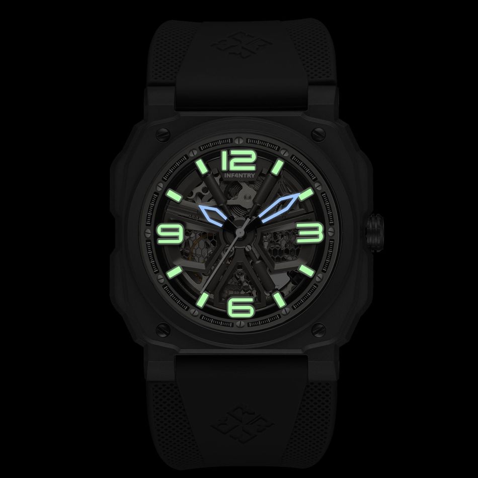 INF4NTRY | REVO47-SKL01-WH | 白色方殼腕錶 機械鏤空 男錶夜光效果