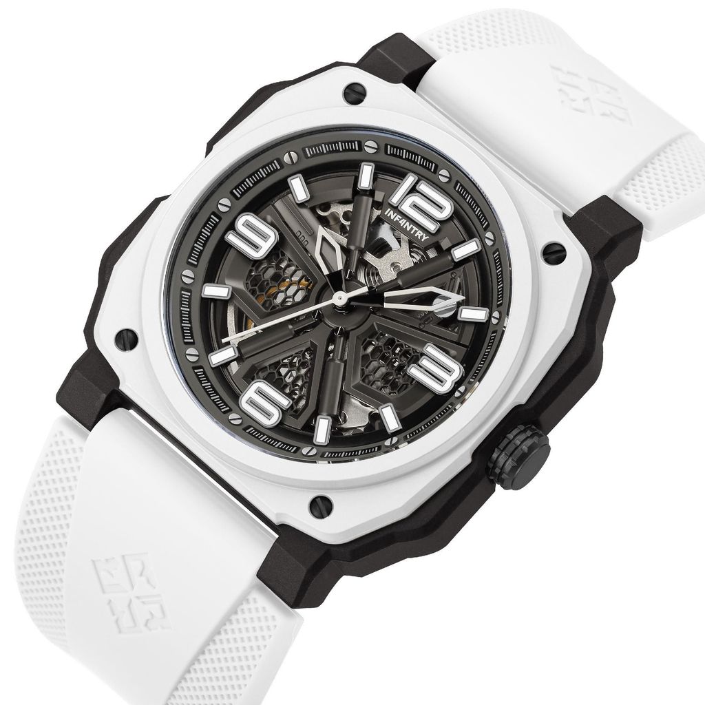 INF4NTRY | REVO47-SKL01-WH | 白色方殼腕錶 機械鏤空 男錶側面