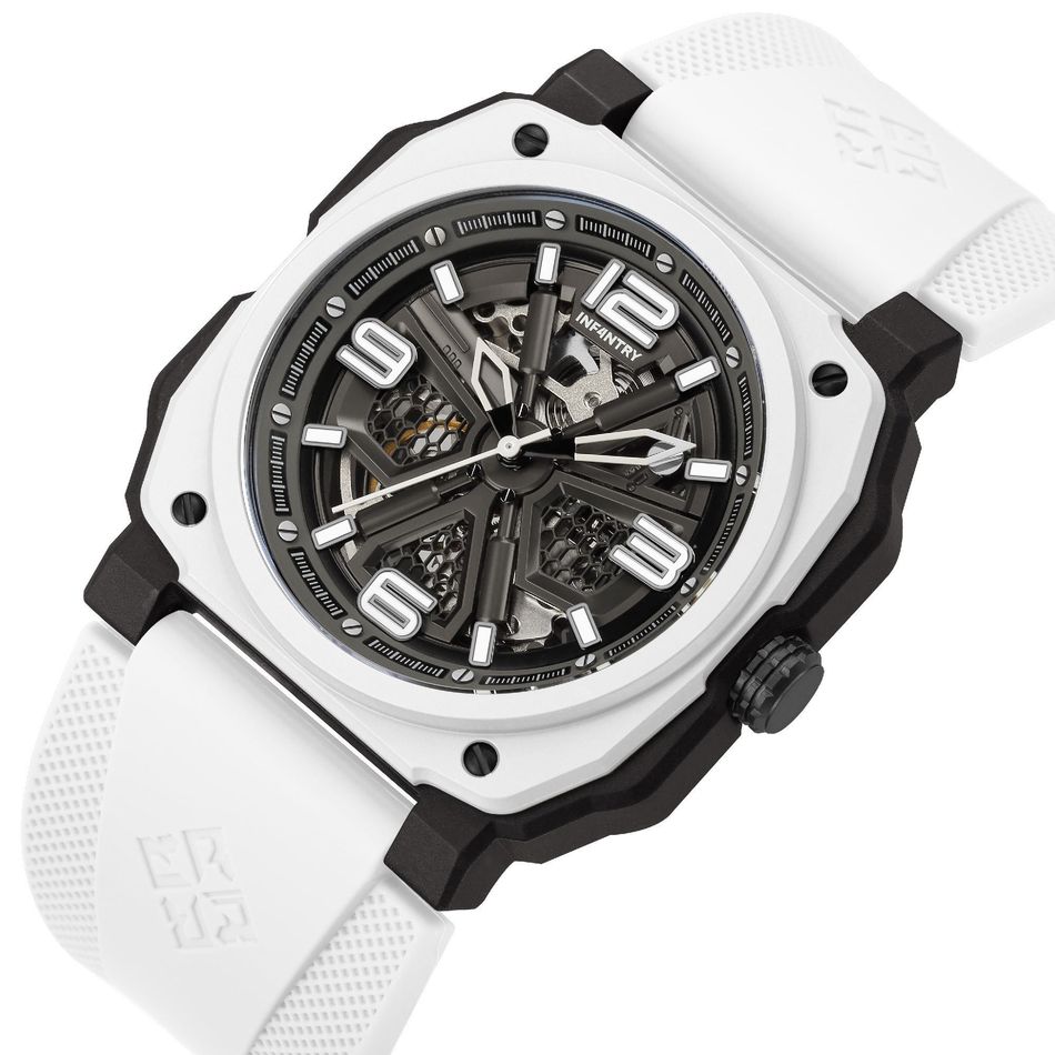 INF4NTRY | REVO47-SKL01-WH | 白色方殼腕錶 機械鏤空 男錶側面