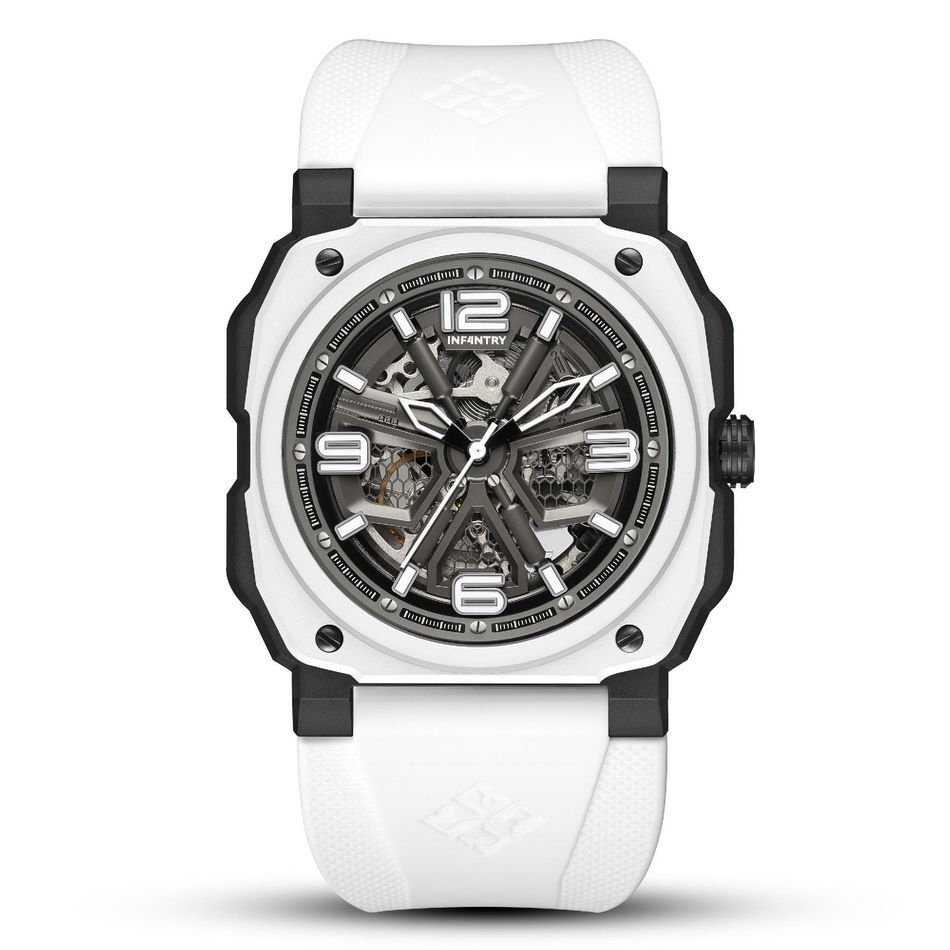 INF4NTRY | REVO47-SKL01-WH | 白色方殼腕錶 機械鏤空 男錶正面