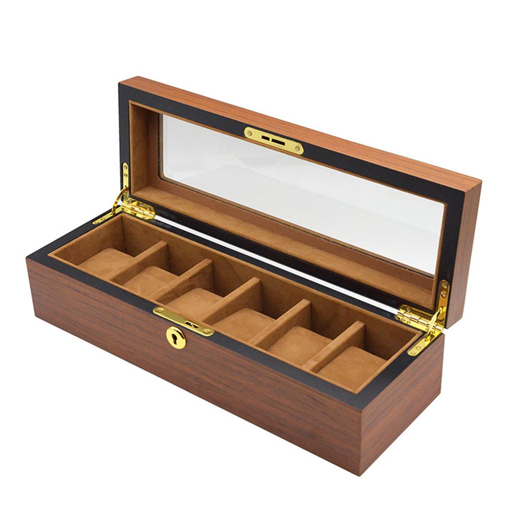 手錶收納盒  WB002-6  原木色手錶收納盒 附鑰匙可上鎖收納 絨布錶枕 6入錶盒側面