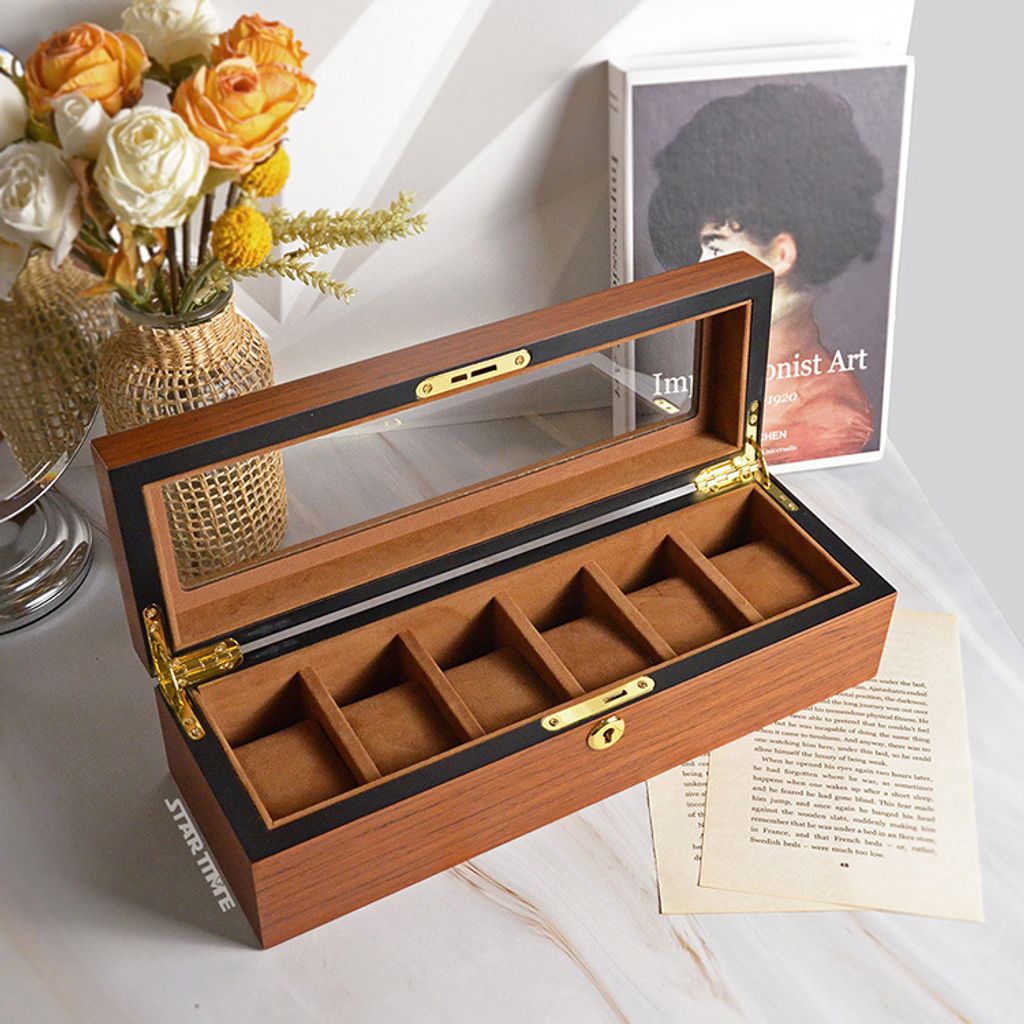 手錶收納盒  WB002-6  原木色手錶收納盒 附鑰匙可上鎖收納 絨布錶枕 6入錶盒空盒