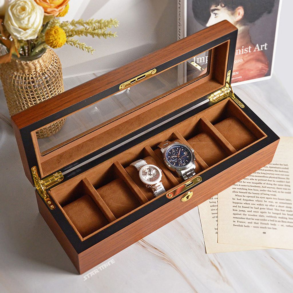手錶收納盒  WB002-6  原木色手錶收納盒 附鑰匙可上鎖收納 絨布錶枕 6入錶盒開蓋展示