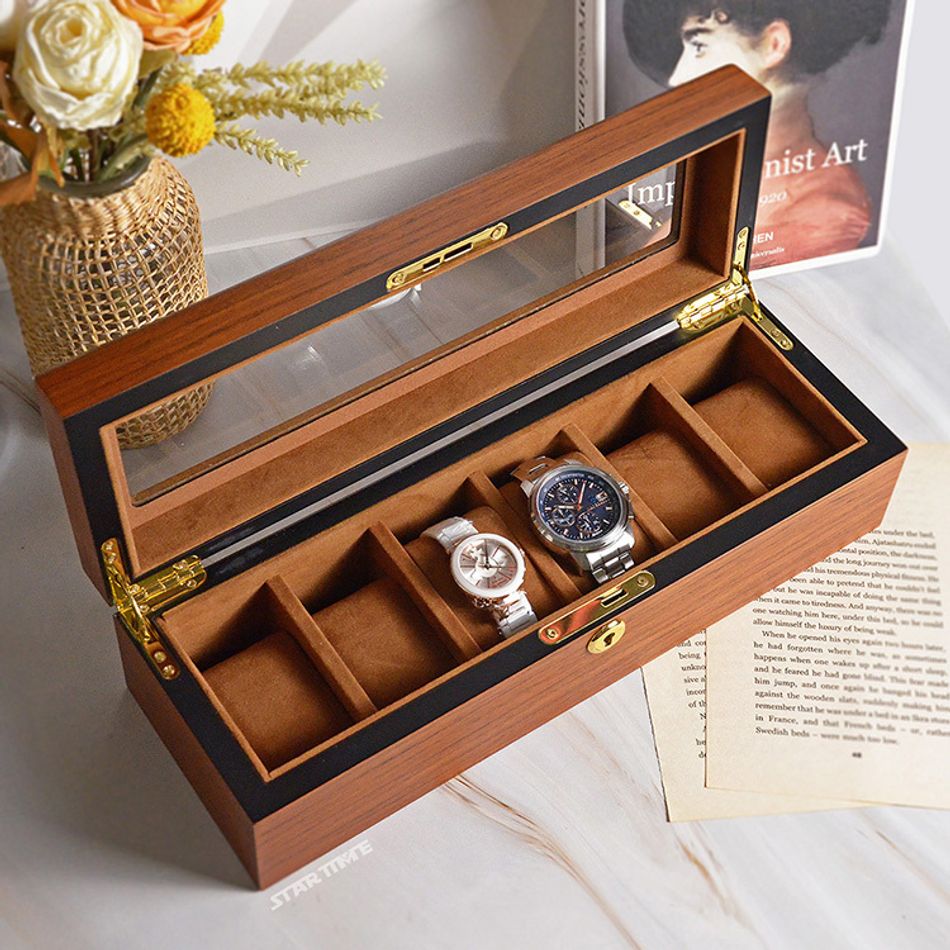 手錶收納盒  WB002-6  原木色手錶收納盒 附鑰匙可上鎖收納 絨布錶枕 6入錶盒開蓋展示