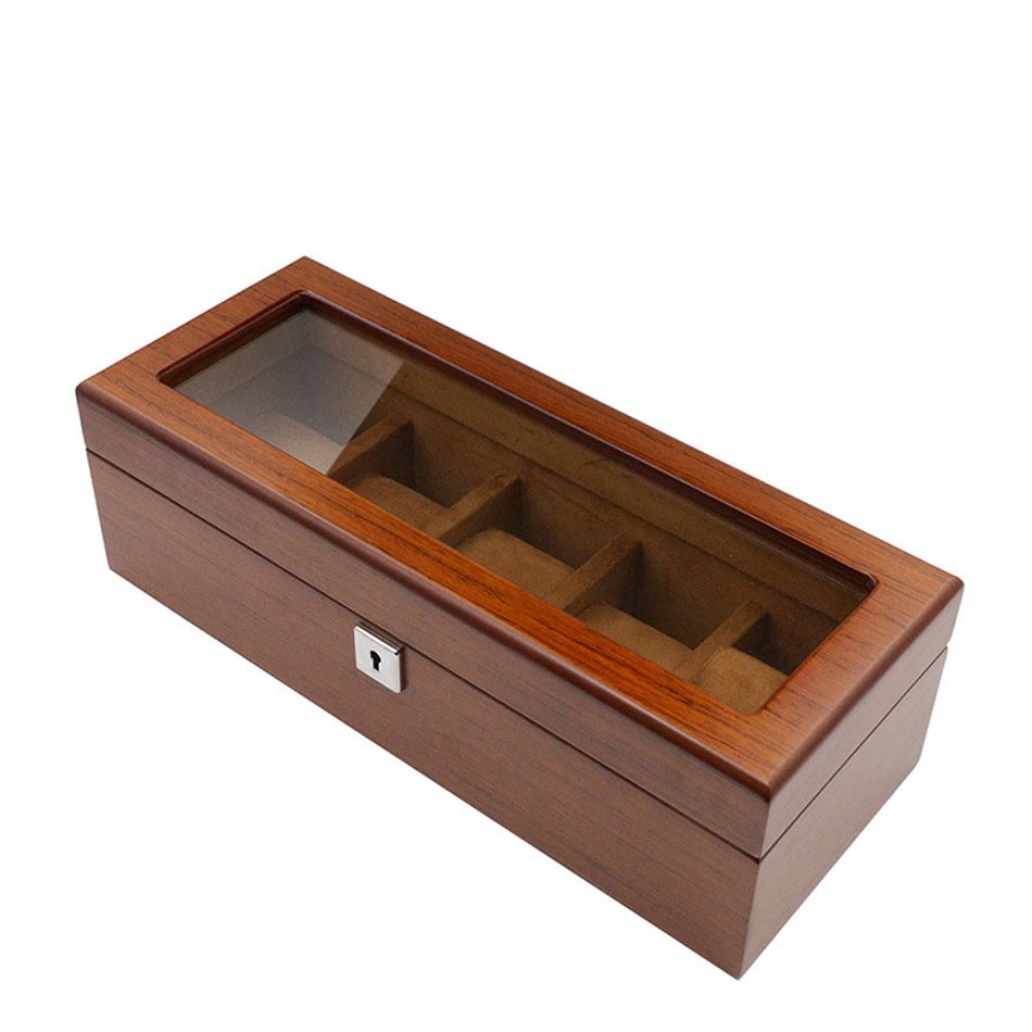 手錶收納盒 WB001-5原木色手錶收納盒 附鑰匙可上鎖收納 絨布錶枕 5入錶盒側面