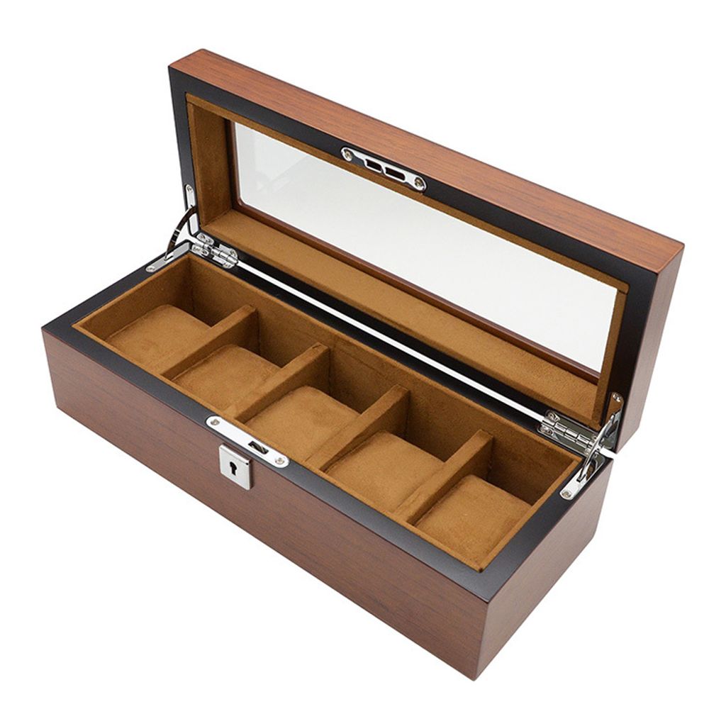 手錶收納盒 WB001-5原木色手錶收納盒 附鑰匙可上鎖收納 絨布錶枕 5入錶盒側面開蓋