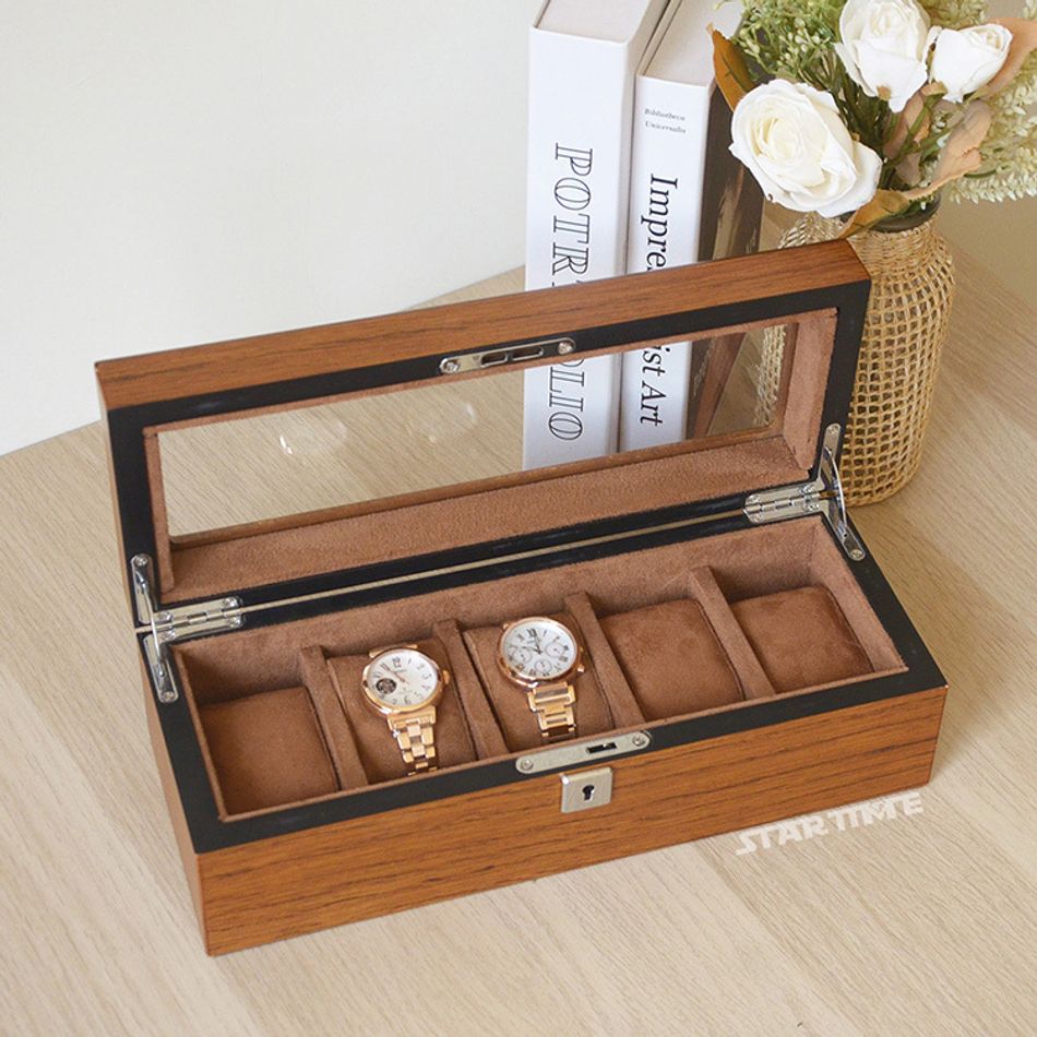 手錶收納盒 WB001-5原木色手錶收納盒 附鑰匙可上鎖收納 絨布錶枕 5入錶盒開盒