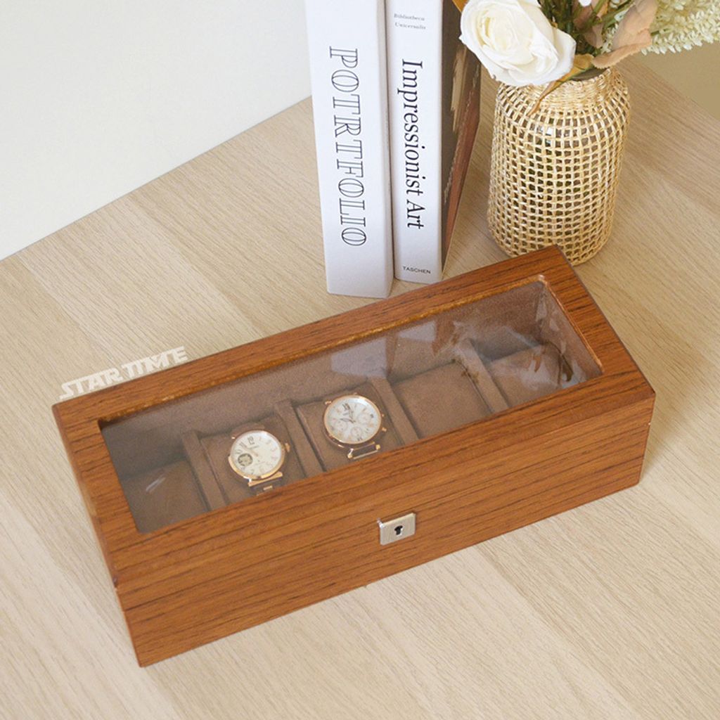 手錶收納盒 WB001-5原木色手錶收納盒 附鑰匙可上鎖收納 絨布錶枕 5入錶盒蓋盒