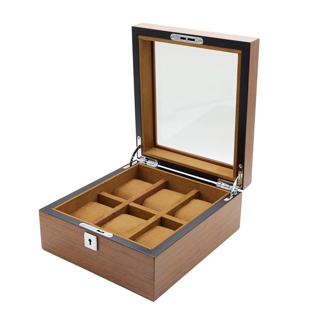 手錶收納盒 WB001-6原木色手錶收納盒 附鑰匙可上鎖收納 絨布錶枕 6入錶盒側面