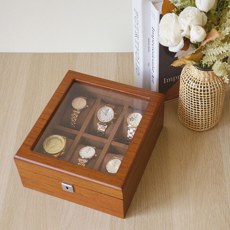 手錶收納盒 WB001-6原木色手錶收納盒 附鑰匙可上鎖收納 絨布錶枕 6入錶盒蓋盒展示