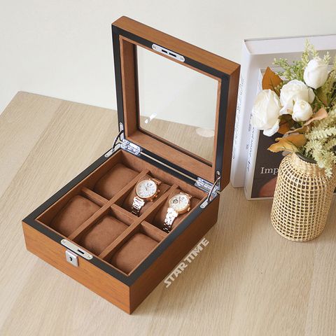 手錶收納盒 WB001-6原木色手錶收納盒 附鑰匙可上鎖收納 絨布錶枕 6入錶盒開蓋展示
