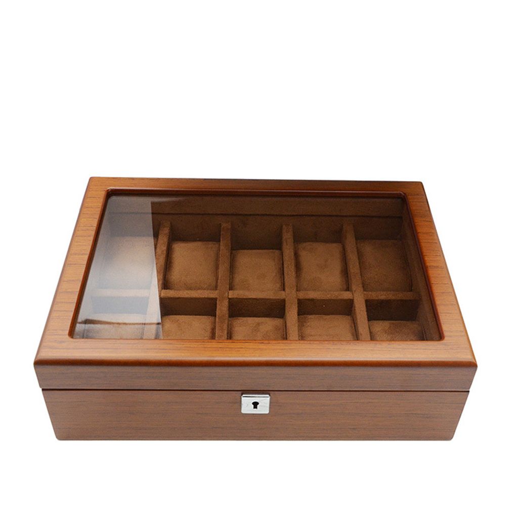 手錶收納盒 WB001-10原木色手錶收納盒 附鑰匙可上鎖收納 絨布錶枕 10入錶盒正面