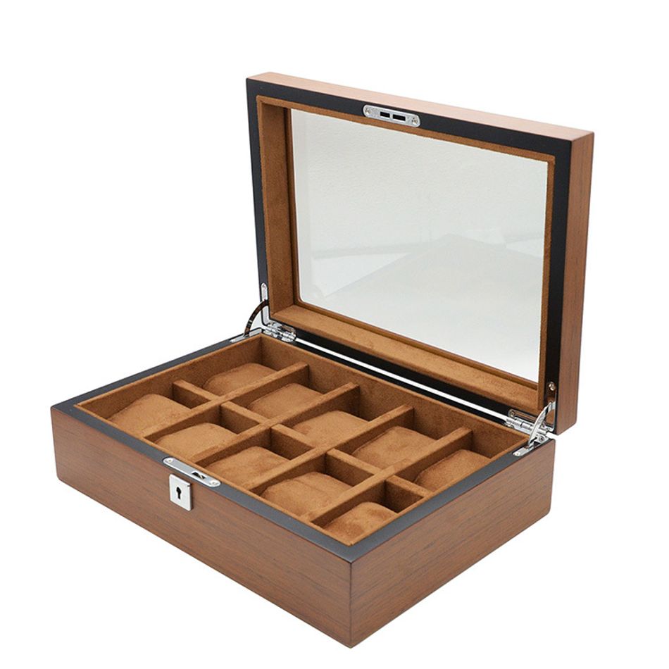 手錶收納盒 WB001-10原木色手錶收納盒 附鑰匙可上鎖收納 絨布錶枕 10入錶盒側面