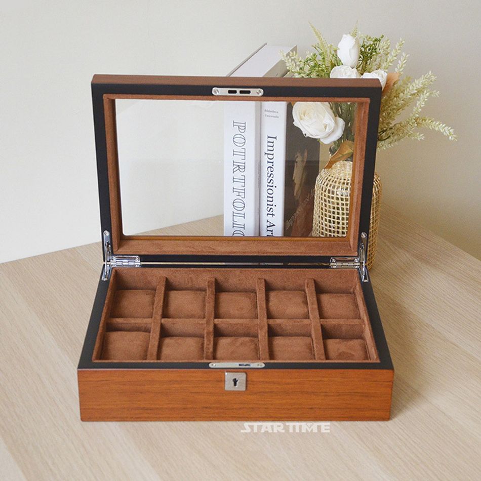 手錶收納盒 WB001-10原木色手錶收納盒 附鑰匙可上鎖收納 絨布錶枕 10入錶盒開蓋