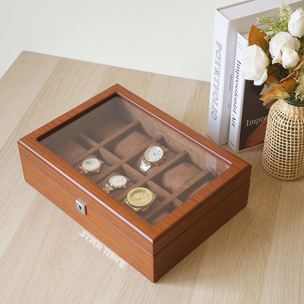 手錶收納盒 WB001-10原木色手錶收納盒 附鑰匙可上鎖收納 絨布錶枕 10入錶盒閉蓋展示