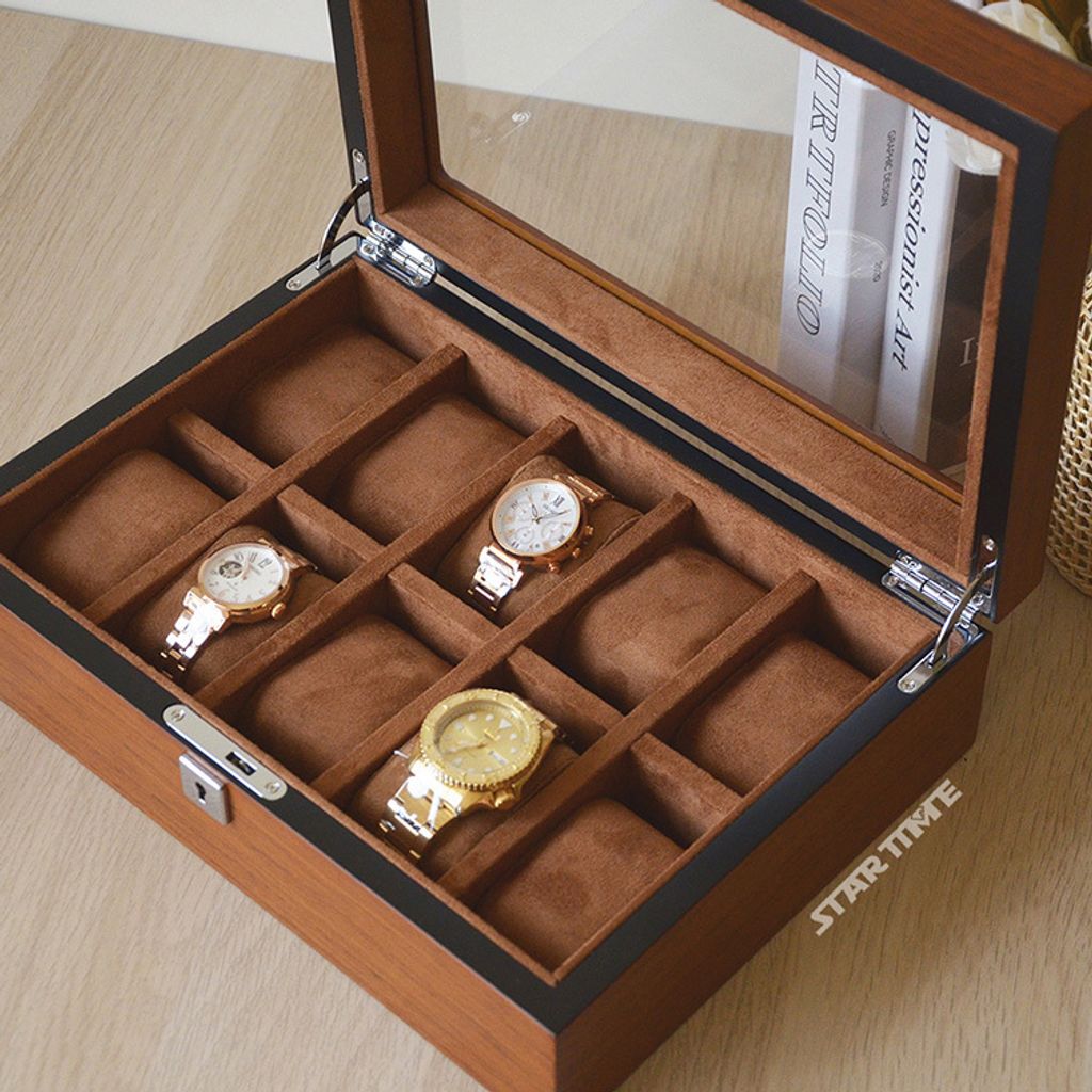 手錶收納盒 WB001-10原木色手錶收納盒 附鑰匙可上鎖收納 絨布錶枕 10入錶盒開蓋展示