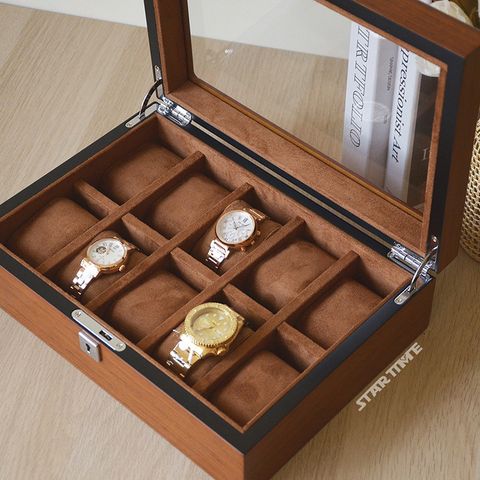 手錶收納盒 WB001-10原木色手錶收納盒 附鑰匙可上鎖收納 絨布錶枕 10入錶盒開蓋展示