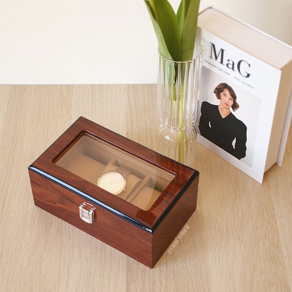 手錶收納盒  烤漆原木色手錶收納盒3入 測面展示