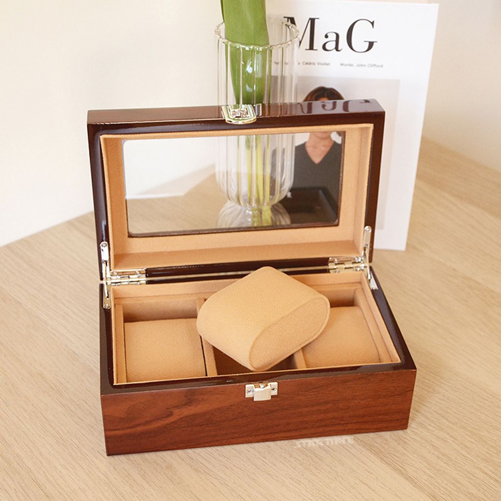 手錶收納盒  烤漆原木色手錶收納盒3入 枕頭示意