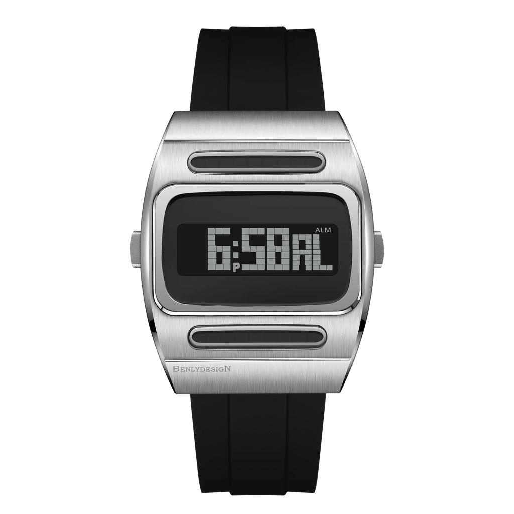 Benlydesign | G100系列 G100S-B | 銀色不鏽鋼太陽能多功能電子錶 黑色矽膠錶帶正面
