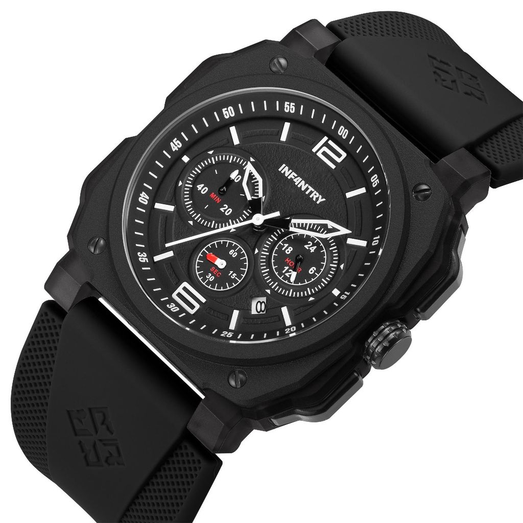 INF4NTRY | REVO47-CHR01-BK | 黑色夜鷹方殼腕錶 機械鏤空 男錶 錶面細節