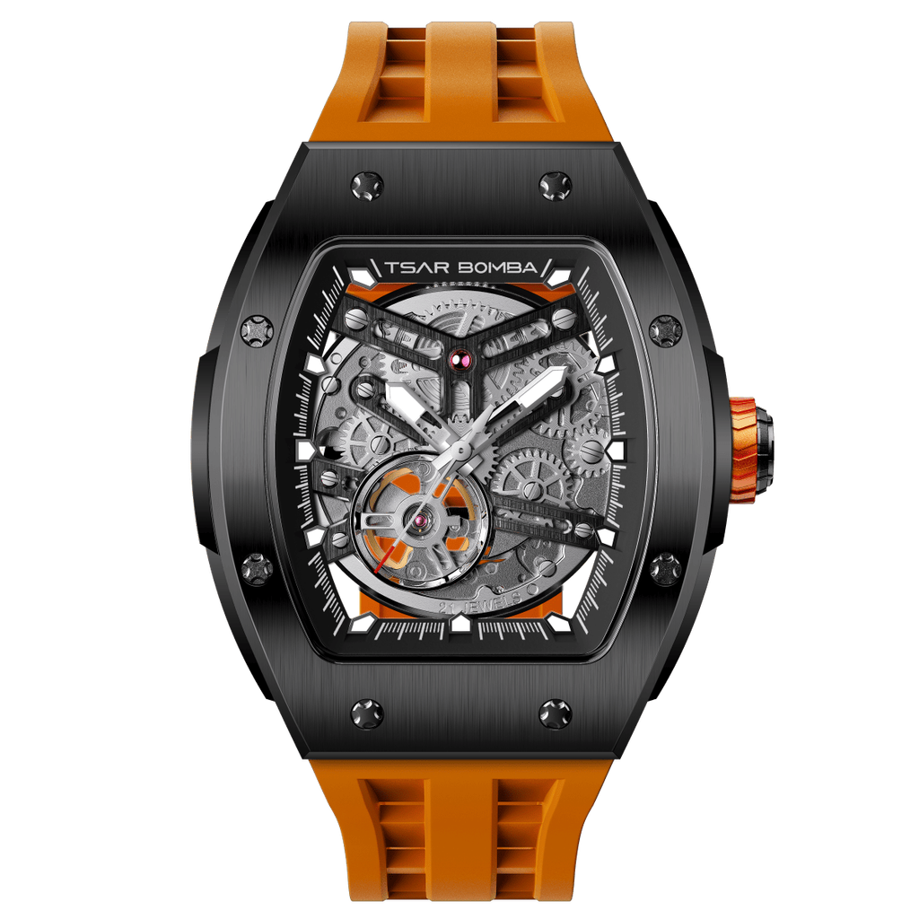 Tsar Bomba 機械公爵 | TB8228A-02 | 黑色不鏽鋼錶框機械透視機芯 橘色矽膠錶帶 正面