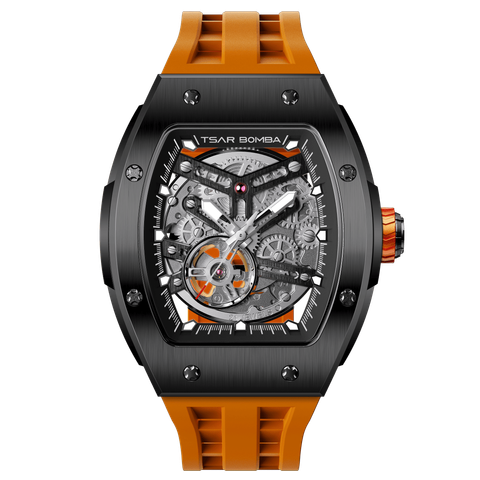 Tsar Bomba 機械公爵 | TB8228A-02 | 黑色不鏽鋼錶框機械透視機芯 橘色矽膠錶帶 正面