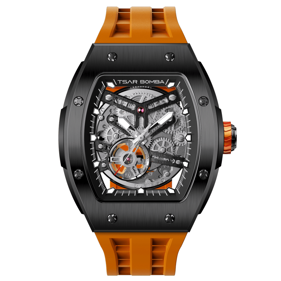 Tsar Bomba 機械公爵 | TB8228A-02 | 黑色不鏽鋼錶框機械透視機芯 橘色矽膠錶帶 正面