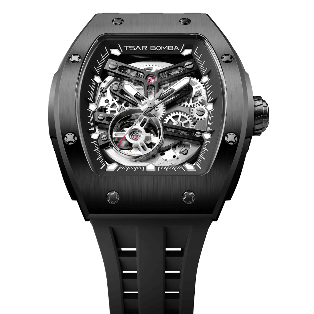 Tsar Bomba 機械公爵 | TB8228A-03 | 黑色不鏽鋼錶框機械透視機芯 矽膠錶帶錶面細節