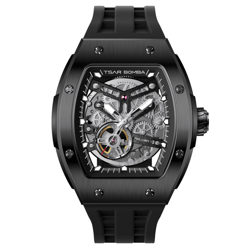 Tsar Bomba 機械公爵 | TB8228A-03 | 黑色不鏽鋼錶框機械透視機芯 矽膠錶帶正面