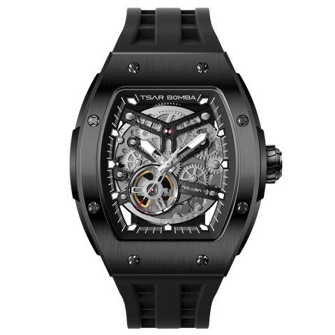 Tsar Bomba 機械公爵 | TB8228A-03 | 黑色不鏽鋼錶框機械透視機芯 矽膠錶帶正面