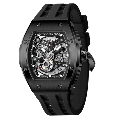 Tsar Bomba 機械公爵 | TB8228A-03 | 黑色不鏽鋼錶框機械透視機芯 矽膠錶帶側面