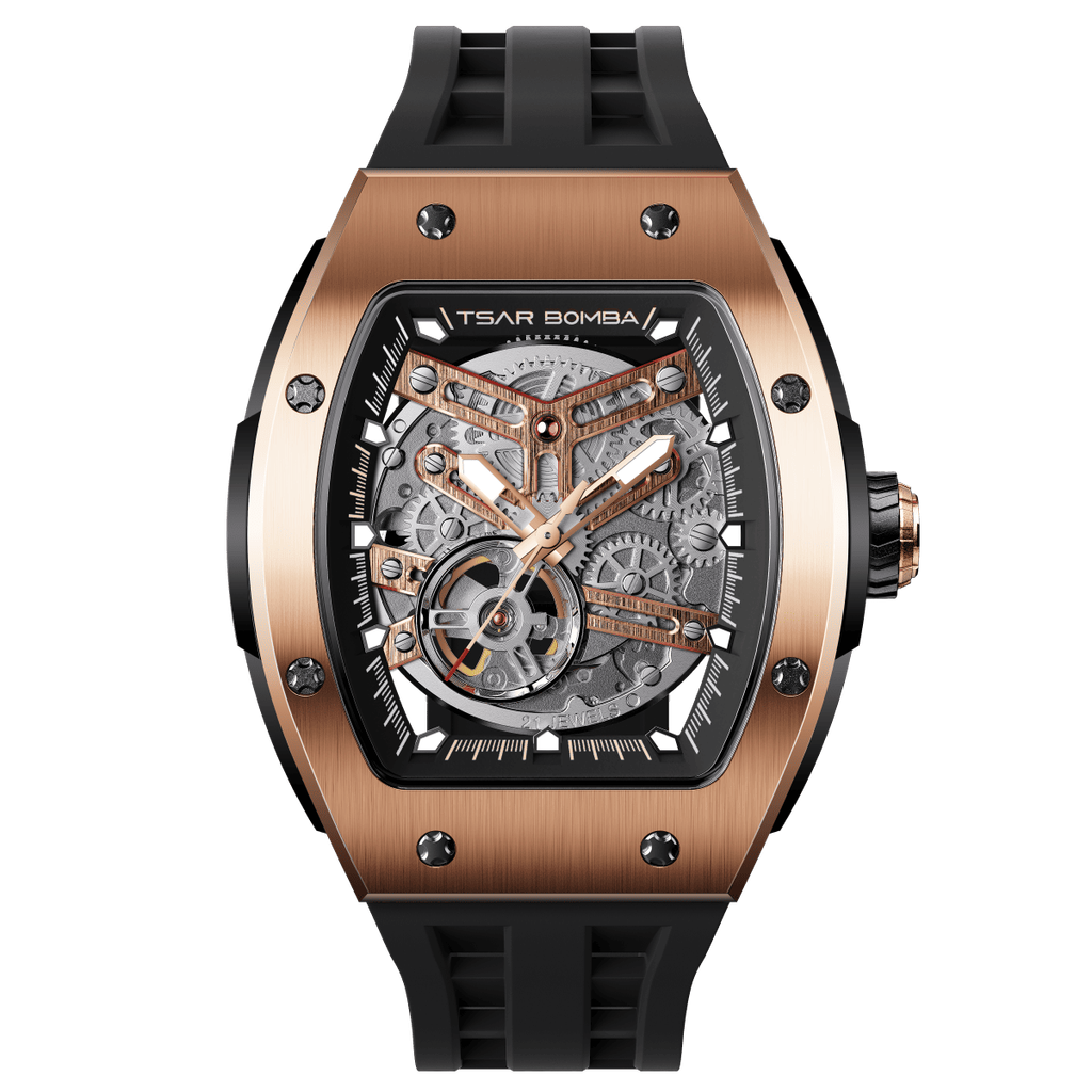 Tsar Bomba 機械公爵 | TB8228A-04 | 玫瑰金不鏽鋼錶框機械透視機芯 黑色矽膠錶帶正面