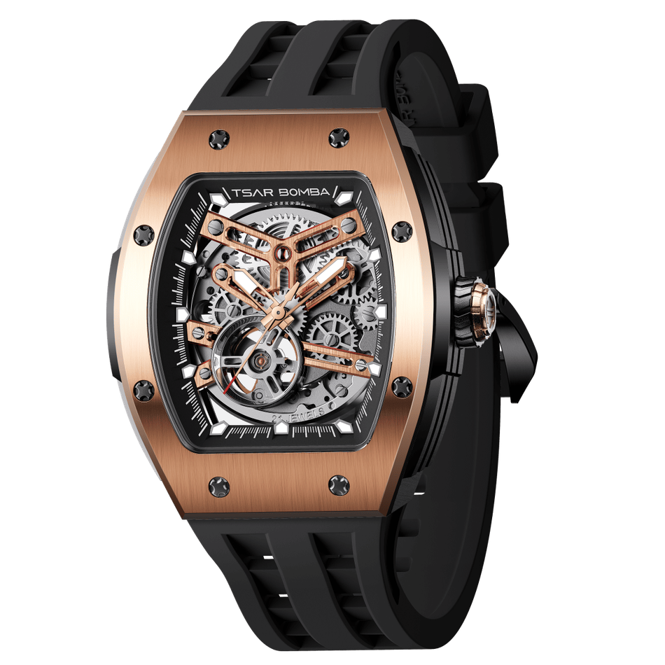 Tsar Bomba 機械公爵 | TB8228A-04 | 玫瑰金不鏽鋼錶框機械透視機芯 黑色矽膠錶帶側面